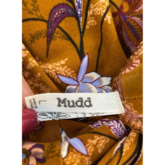 Mudd Dress Size Large Warm Gold & Purple Print Long Sleeve Stretchy Work Casual - Picture 7 of 12